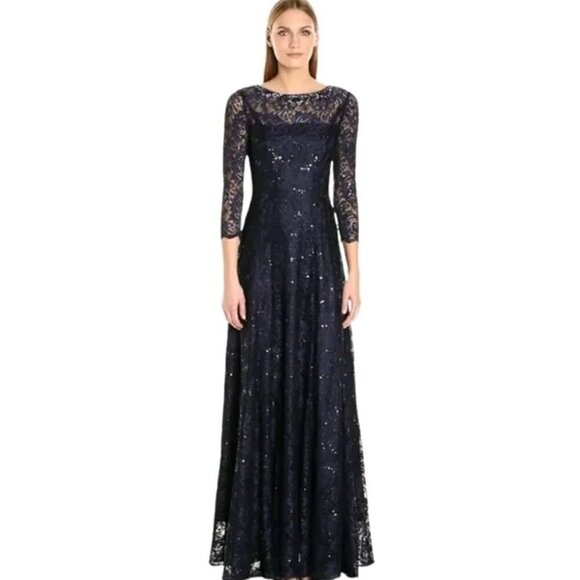 New with Tags TAHARI Embellished Lace Gown SZ 2 in Navy - Picture 1 of 9